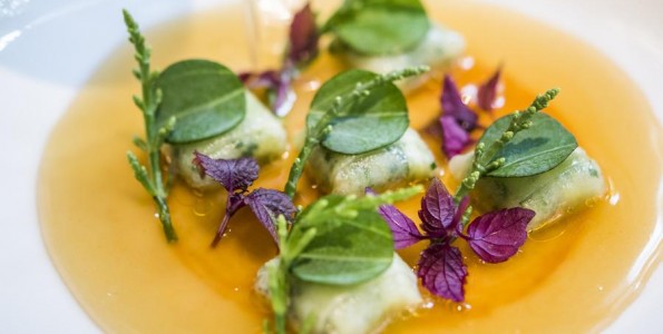 Ravioli de pepino y langostino con curry rojo